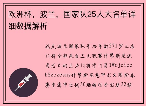 欧洲杯，波兰，国家队25人大名单详细数据解析