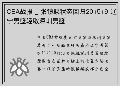 CBA战报 _ 张镇麟状态回归20+5+9 辽宁男篮轻取深圳男篮