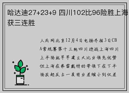 哈达迪27+23+9 四川102比96险胜上海获三连胜